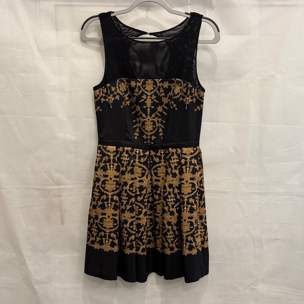 Taylor Black and Gold Patterned Mini Dress